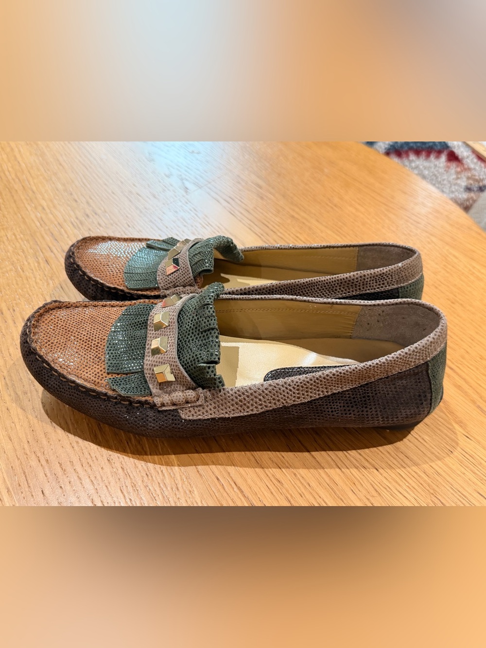 Vaneli Taupe Loafers with Olive Tassel and Gold Studs